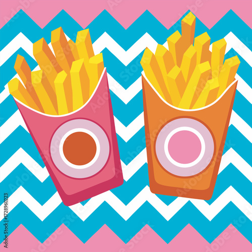 Two colorful french fries containers on a zigzag patterned background