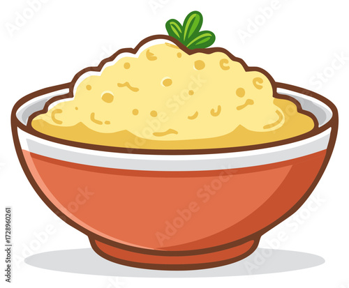 Illustration of a bowl of mashed potatoes with herbs, cartoon style