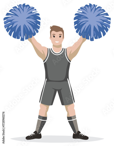 Cheering male cheerleader holding blue pom poms in full uniform smiling