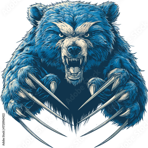 Furious blue bear with razor claws, bared fangs, and angry expression