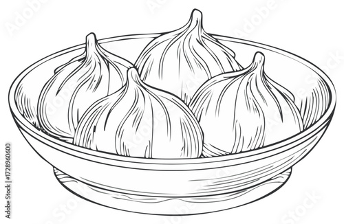 Hand-drawn illustration of a bowl with four khinkali dumplings