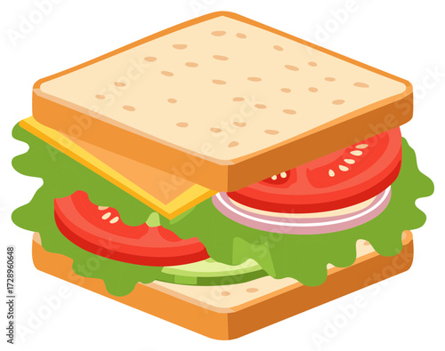 Isometric sandwich vector with tomato, cheese, cucumber, onion and salad on bread
