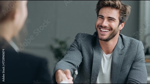 Modern job interview, smiling recruiter welcoming candidate in bright room.