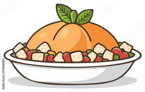Cartoon illustration of food served in bowl with bread cubes and basil leaves.