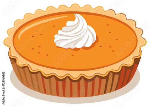 Illustration of a Pumpkin Pie with Whipped Cream Topping. Autumn Dessert. Thanksgiving Treat.