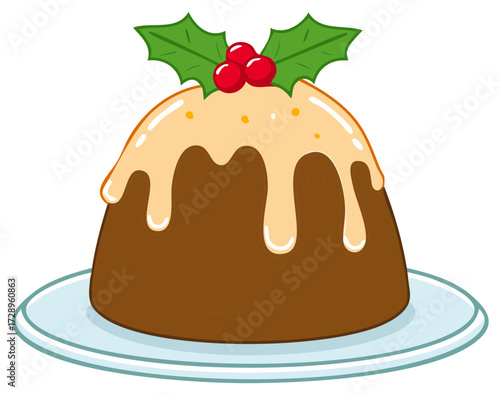 Festive Christmas Pudding Illustration with Dripping Sauce and Holly Garnish