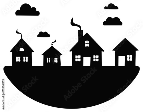Black silhouette of a charming village with houses on a hill and clouds in the sky