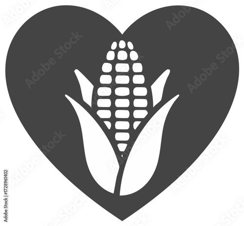 Corn on the cob silhouette inside a heart shape vector icon for love of farming and agriculture