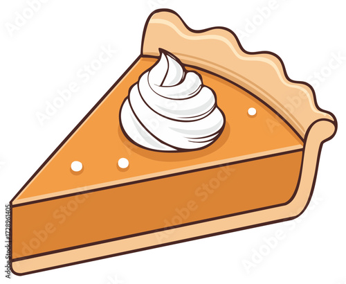 Slice of pumpkin pie with whipped cream topping cartoon vector illustration