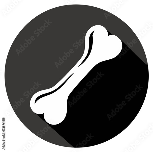 Simple white bone icon with a long shadow on a dark grey circular background