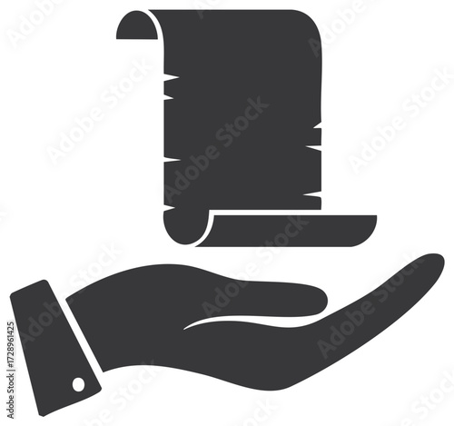 Human hand presenting an old rolled scroll official document icon