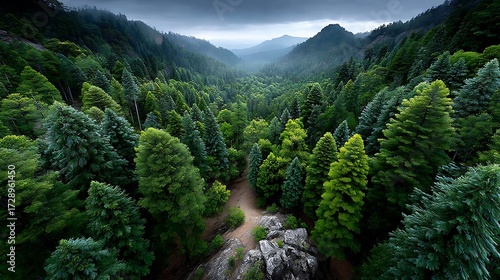 Fototapeta Naklejka Na Ścianę i Meble -  Rainforest canopy seen from above, dense green foliage stretching to the horizon,