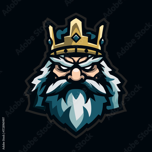 King Icon Intense king's face with white beard and golden crown, isolated