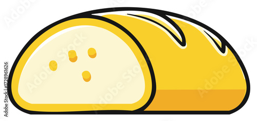 Simple cartoon illustration of a fresh golden loaf of bread sliced open