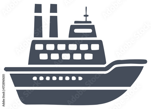 Cartoon style cruise ship vector icon, tourist liner, ocean vessel, naval travel boat, maritime transport