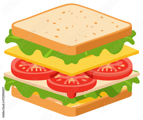 Isometric view of a delicious sandwich with various fresh ingredients, including bread, tomatoes, lettuce, and cheese.