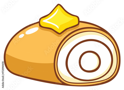 Fluffy rolled cake with a dollop of bright yellow butter on top