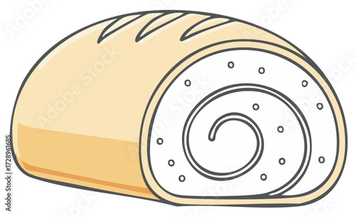 Cartoon Pastry Sweet Roll with Swirl and Circles, Bread Loaf Illustration, Bakery Goodies