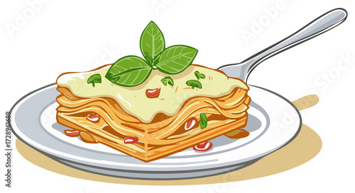 Appetizing Lasagna Portion Served on Plate with Fork and Fresh Basil Garnish