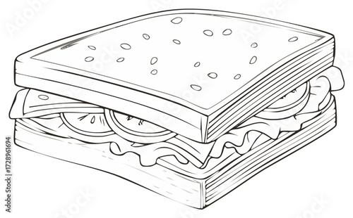 Line art drawing of a tasty sandwich with lettuce, tomatoes, and cheese