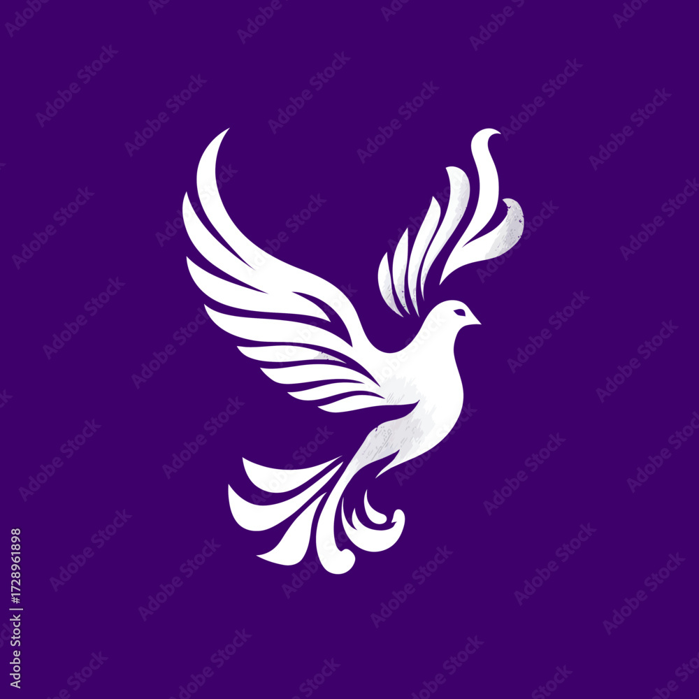 Obraz premium Stylized white dove with feathered wings on a solid purple background