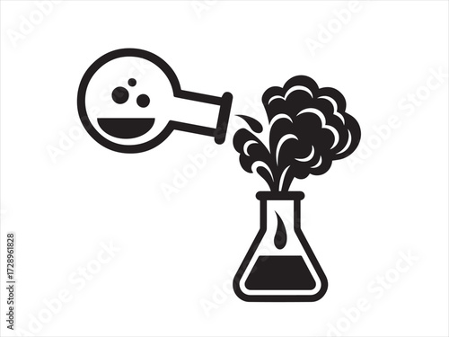 Chemical liquid giving one bottle to another bottle with lot of smoke silhouette vector design.