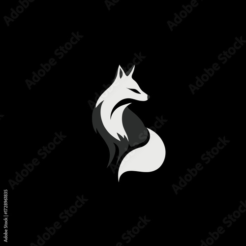 Stylized fox icon, shaded black and white, sitting on a black background