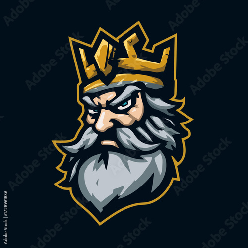 Stern king with a gold crown on a dark background in digital art style