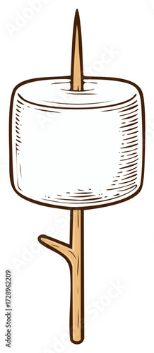 Illustration of a single white marshmallow on a pointed stick ready for roasting over a campfire
