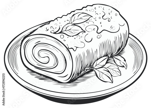 Sweet pastry roll dessert with decorative leaves on a serving plate line art drawing