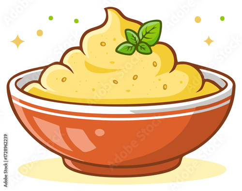 An appetizing bowl of creamy mashed potatoes or hummus with a fresh basil garnish cartoon illustration