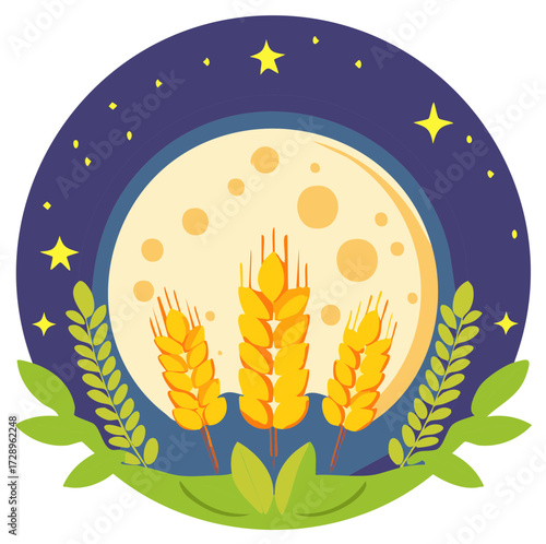 Golden wheat stalks against a moonlit night sky with shining stars, vector illustration.