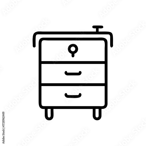 A clean, minimalist line drawing of a classic chest of drawers, featuring three spacious drawers, a secure keyhole, and a sturdy base.