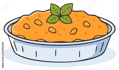 Colorful hand drawn illustration of a hot homemade casserole in a baking dish with a basil garnish