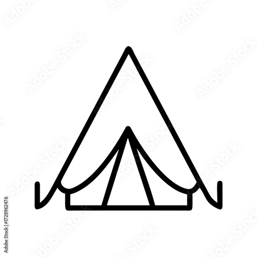 A minimalist line illustration of a classic tent, representing outdoor adventure and the spirit of camping, rendered with clean lines and a contemporary aesthetic.