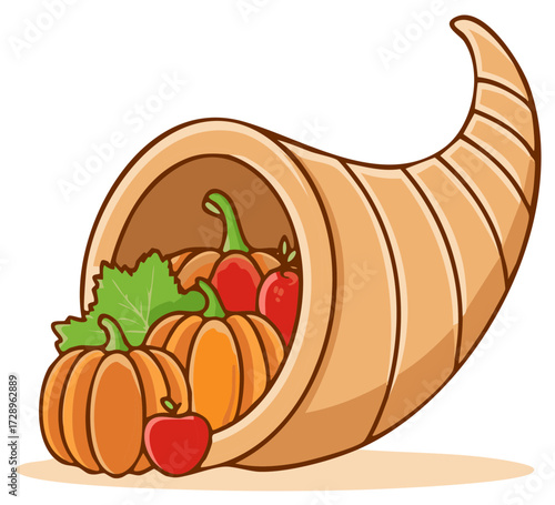 Cornucopia with Harvest Pumpkins and Apples Illustration for Autumn and Thanksgiving