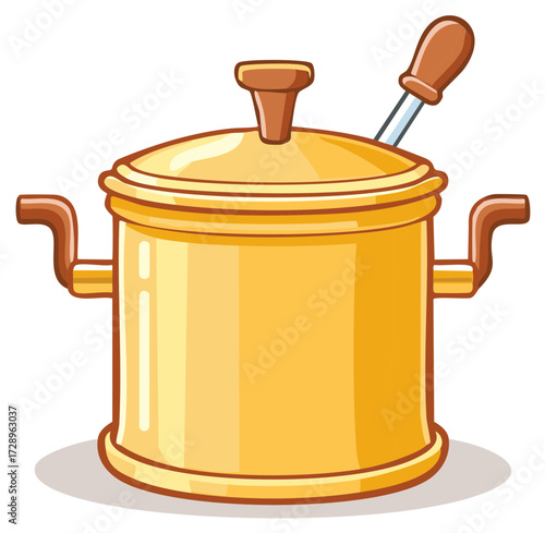 Golden cooking pot with lid and wooden handled ladle cartoon illustration kitchen utensil