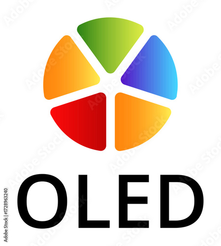 Colorful circular segment design with oled text below.