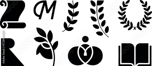 Collection of academic and literary icons, representing knowledge, wisdom, and achievement in education and scholarly pursuits