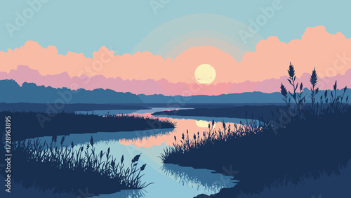 Coastal salt marsh with winding tidal creeks and dense cordgrass silhouette at dusk, no people