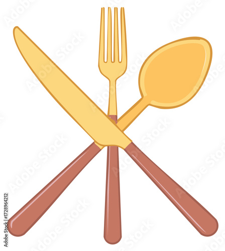 Golden knife fork and spoon crossed cutlery arrangement illustration