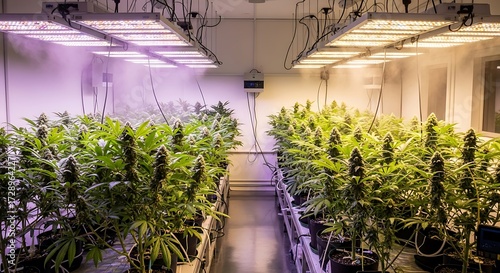 Indoor cannabis cultivation facility with rows of mature marijuana plants under artificial grow lights.