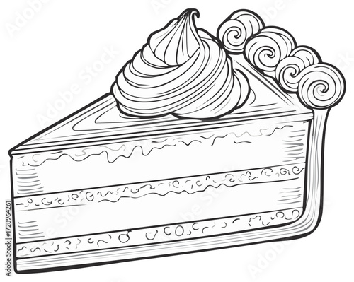 Black and white drawing of a delicious slice of cake with whipped cream frosting and swirl decorations.