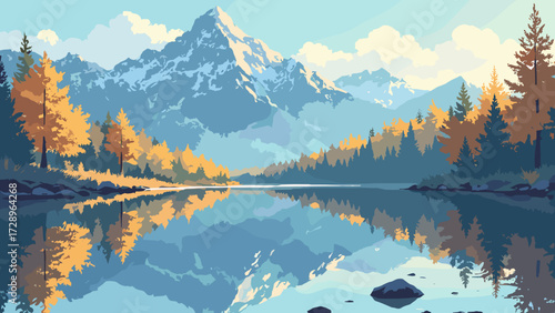 Mirrored mountain lake ringed by larch trees turning gold in crisp autumn air, no people