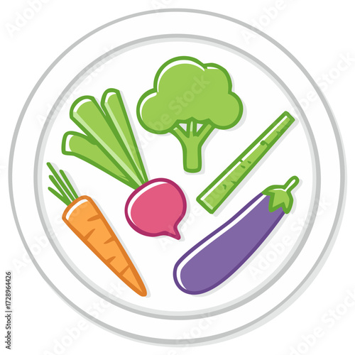 Colorful illustration of assorted vegetables arranged on a plate, healthy eating concept