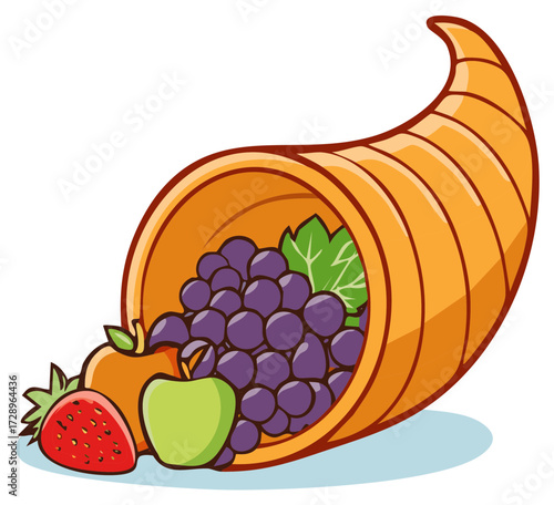 Vibrant cartoon cornucopia overflowing with fresh grapes apples and strawberry symbolizing abundance and harvest