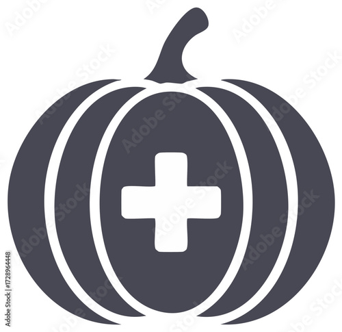 Dark gray pumpkin with white medical cross symbol on a white background