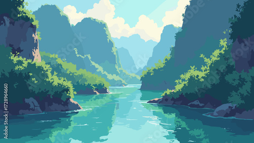 Tropical river gorge where limestone cliffs drop to a jade channel dotted by boat-free eddies, no people
