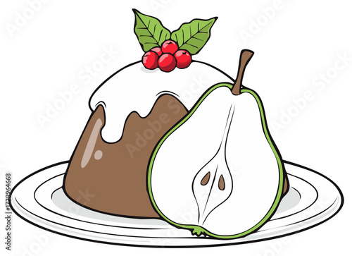 Festive Christmas pudding with holly berries and pear halves, festive food drawing on a plate
