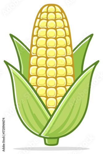 Bright Yellow Corn Cob with Green Husks Cartoon Illustration